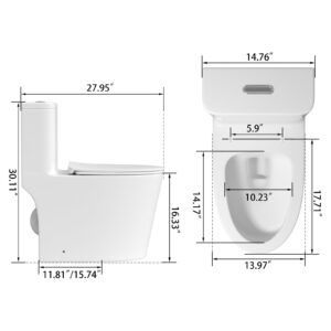 Dual Flush Elongated Standard One Piece Toilet with Comfortable Seat Height, Powerful & Quiet Dual Flush Modern Toilet, 12'' Rough-In, Glossy White，6636