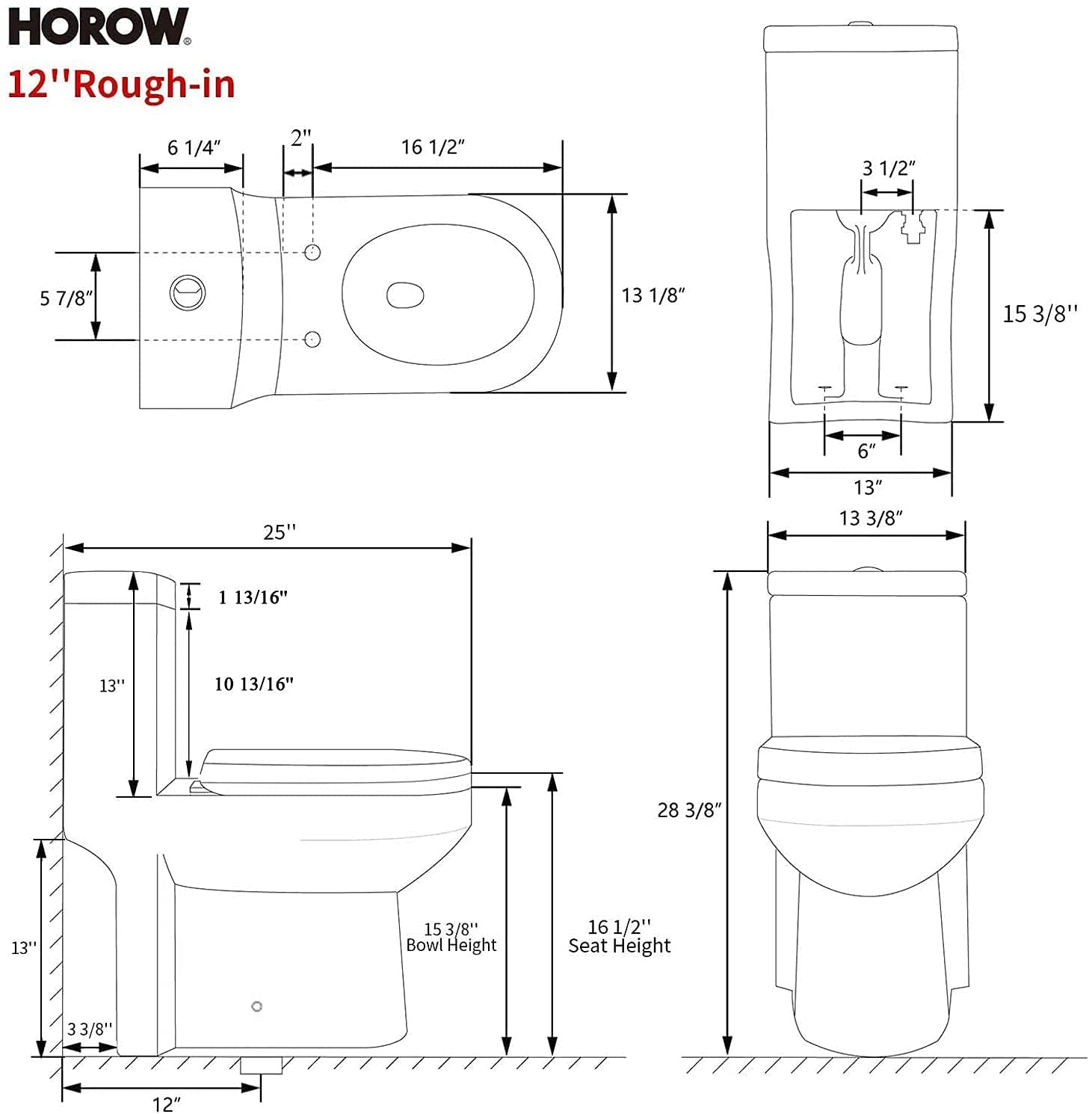 HOROW HWMT-8733S Small Toilet 25" Long x 13.4" Wide x 28.4" High 1-Piece Short Compact Bathroom Tiny Mini Commode Water Closet Dual Flush Concealed Trapway, 12'' Rough-in