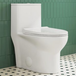 eridanus small compact one piece toilet for bathroom, powerful dual flush modern toilet, 1.1/1.6 gpf, 12" rough-in, elongated toilet with soft closing seat, 26.68"d x 14.37"w x 26"h, white