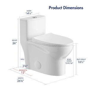 Eridanus Small Compact One Piece Toilet For Bathroom, Powerful Dual Flush Modern Toilet, 1.1/1.6 GPF, 12" Rough-In, Elongated Toilet with Soft Closing Seat, 26.68"D x 14.37"W x 26"H, White