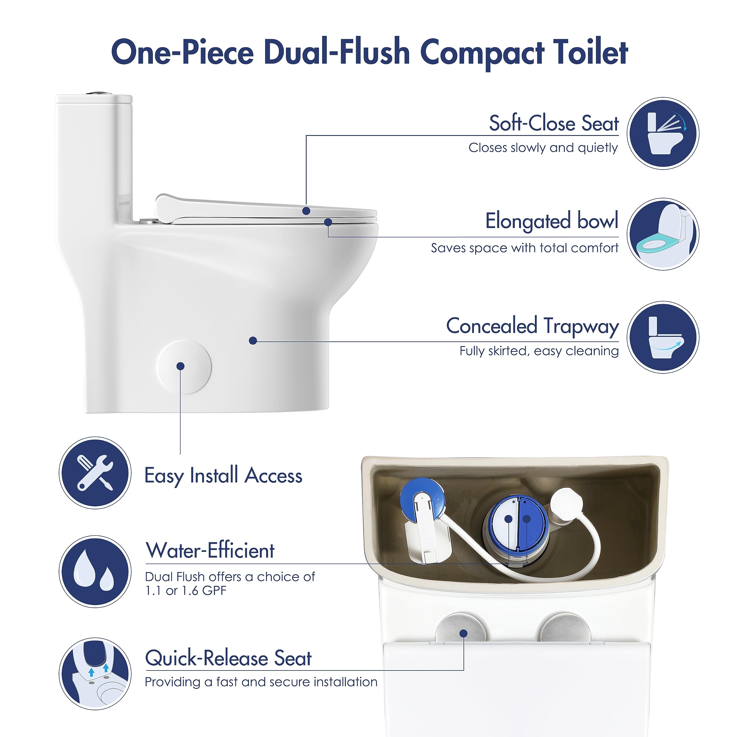 Eridanus Small Compact One Piece Toilet For Bathroom, Powerful Dual Flush Modern Toilet, 1.1/1.6 GPF, 12" Rough-In, Elongated Toilet with Soft Closing Seat, 26.68"D x 14.37"W x 26"H, White