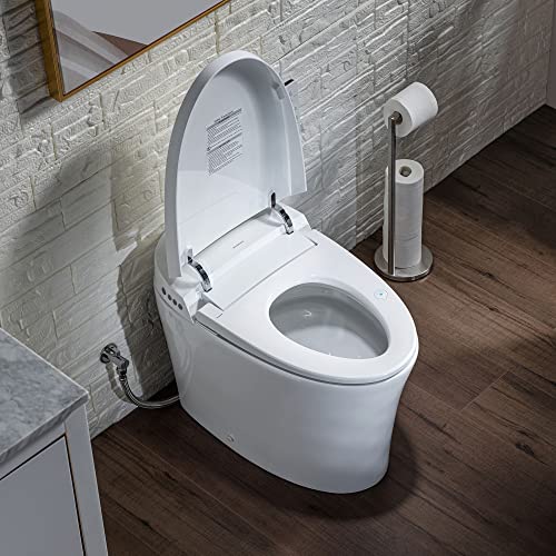 WOODBRIDGE B0970S Smart Bidet Tankless Toilet Elongated One Piece ADA Height, Auto Flush, Foot Sensor Operation, Heated Seat with Integrated Multi Function Remote Control in White