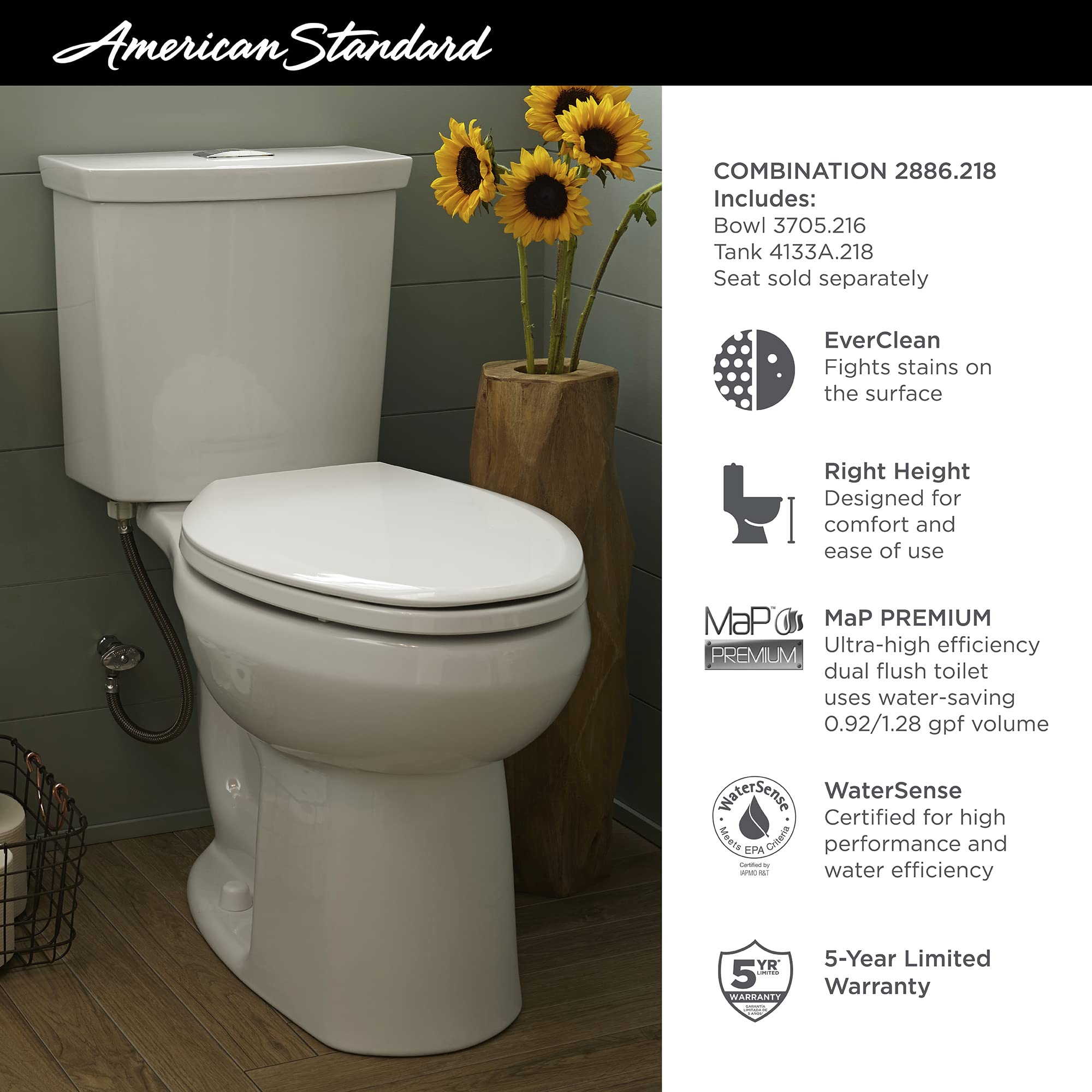 American Standard 2886218.020 H2Option Two-Piece Toilet, Elongated Front, Chair Height, Dual Flush, White, 0.92 - 1.28 gpf