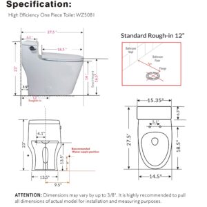 WinZo WZ5081 Elongated One Piece Toilet Low Profile, High Efficiency Side Flush 1.28 GPF with Soft Close Seat White