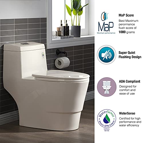 WOODBRIDGEE One Piece Toilet with Soft Closing Seat, Chair Height, 1.28 GPF Dual, Water Sensed, 1000 Gram MaP Flushing Score Toilet, B0942, Biscuit