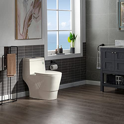 WOODBRIDGEE One Piece Toilet with Soft Closing Seat, Chair Height, 1.28 GPF Dual, Water Sensed, 1000 Gram MaP Flushing Score Toilet, B0942, Biscuit