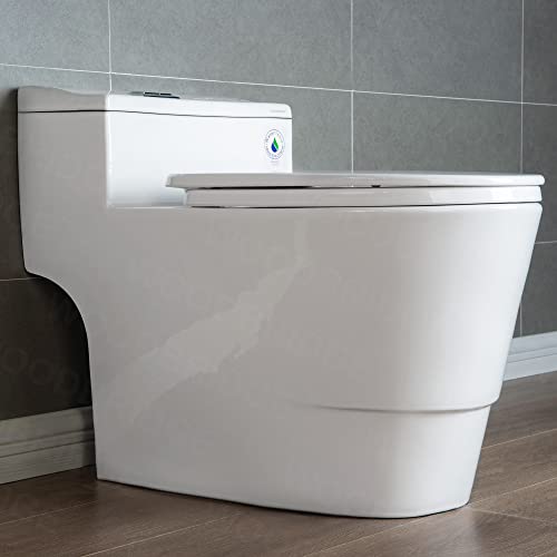 WOODBRIDGE T-0018/B-0735 Dual Flush Elongated One Piece Soft Closing Seat, Comfort Height, White T-0018/B0735, Modern Toilet