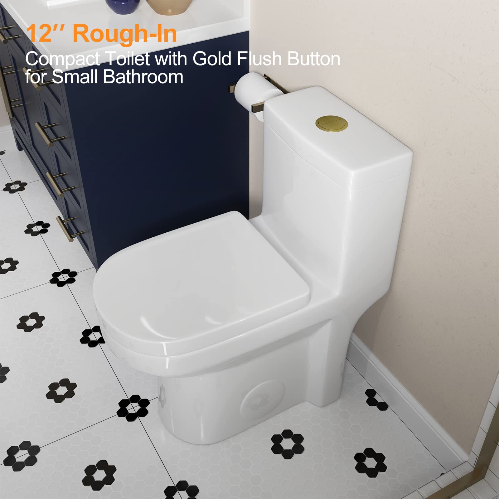 HOROW HWMT-8733 Small Compact One Piece Toilet For Bathroom, Powerful & Quiet Dual Flush Modern Toilet, 12'' Rough-In Toilet & Soft Closing Seat Include, 25"D x 13.4"W x 28.4"H, White, Gold Button