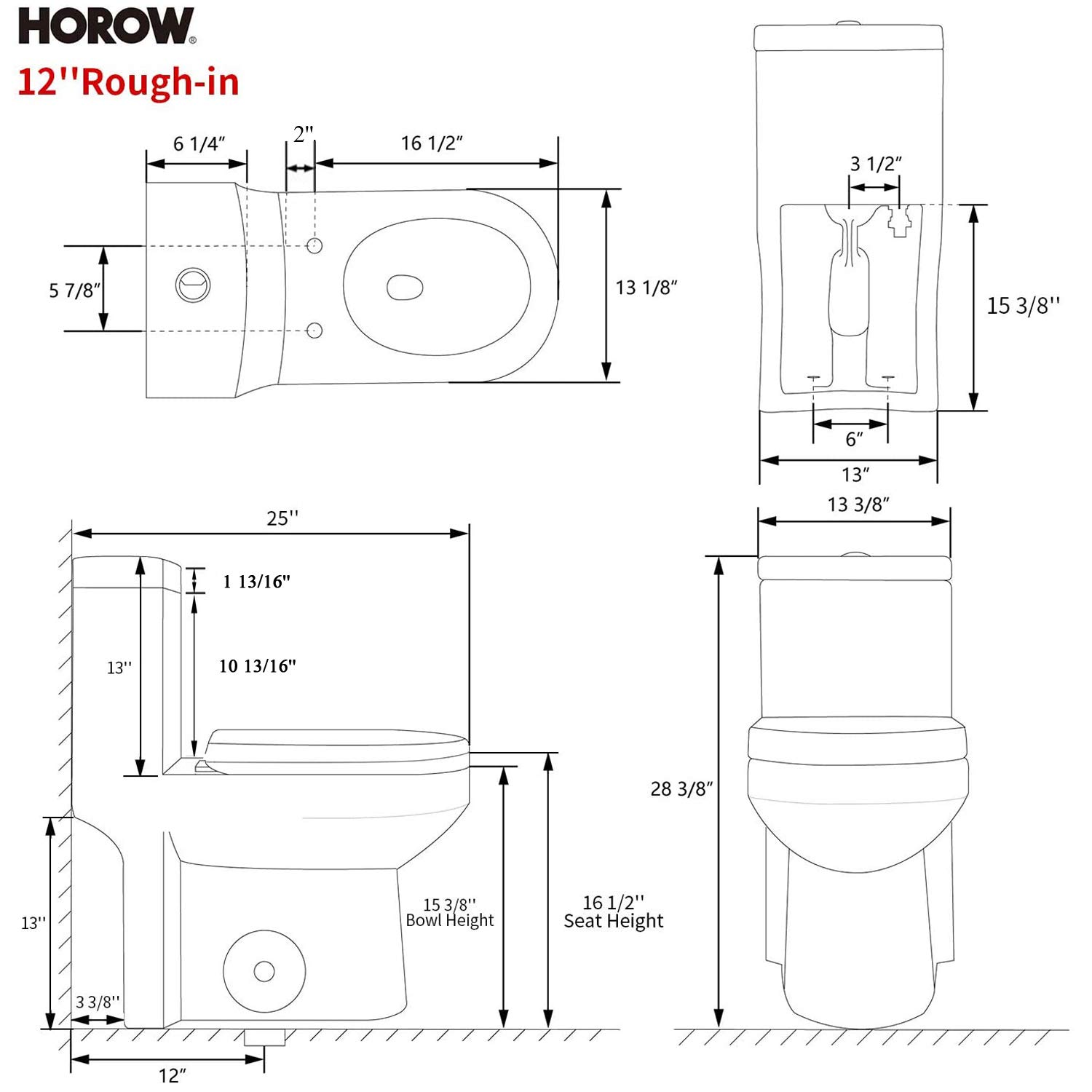 HOROW HWMT-8733 Small Compact One Piece Toilet For Bathroom, Powerful & Quiet Dual Flush Modern Toilet, 12'' Rough-In Toilet & Soft Closing Seat Include, 25"D x 13.4"W x 28.4"H, White, Gold Button