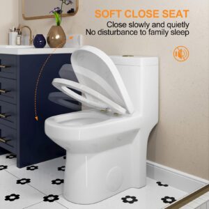 HOROW HWMT-8733 Small Compact One Piece Toilet For Bathroom, Powerful & Quiet Dual Flush Modern Toilet, 12'' Rough-In Toilet & Soft Closing Seat Include, 25"D x 13.4"W x 28.4"H, White, Gold Button