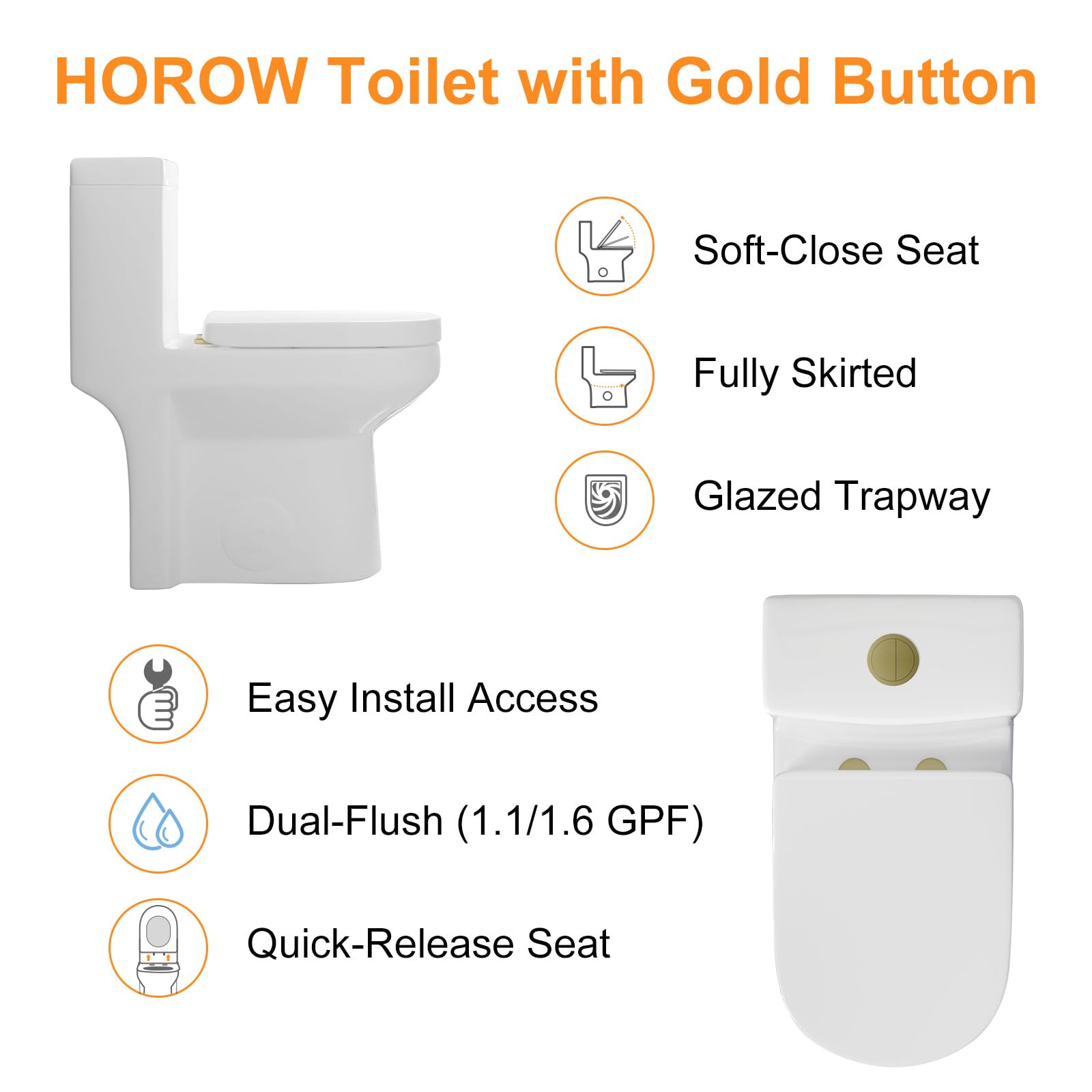 HOROW HWMT-8733 Small Compact One Piece Toilet For Bathroom, Powerful & Quiet Dual Flush Modern Toilet, 12'' Rough-In Toilet & Soft Closing Seat Include, 25"D x 13.4"W x 28.4"H, White, Gold Button