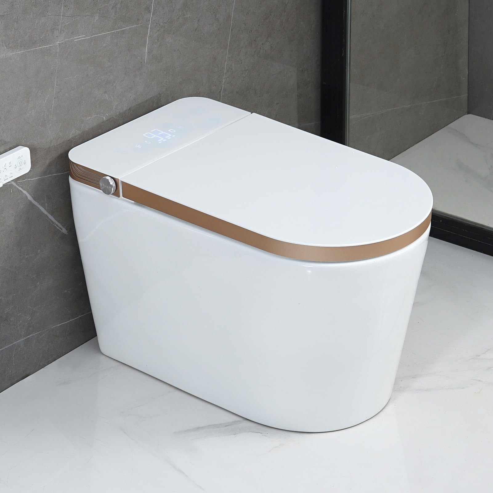 BONSAM Smart Toilet with Foot Sensor, Heated Seat and Air Dryer for Modern Bathrooms. Intelligent Tankless Toilet Features an Automatic Open/Close Lid and Seat, Remote Control.