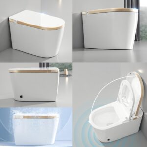 BONSAM Smart Toilet with Foot Sensor, Heated Seat and Air Dryer for Modern Bathrooms. Intelligent Tankless Toilet Features an Automatic Open/Close Lid and Seat, Remote Control.