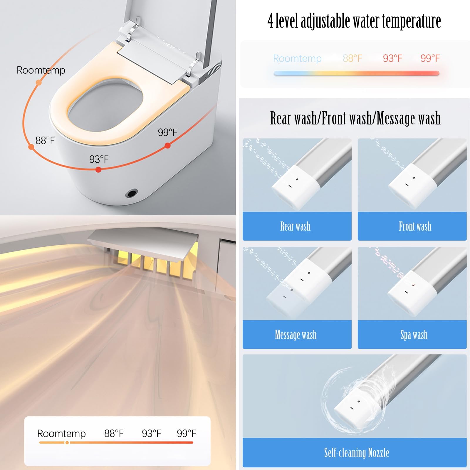 BONSAM Smart Toilet with Foot Sensor, Heated Seat and Air Dryer for Modern Bathrooms. Intelligent Tankless Toilet Features an Automatic Open/Close Lid and Seat, Remote Control.