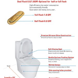 WinZo 23-inch Small Toilet One Piece with Golden Push Button Modern Design For Compact Narrow Bathroom 12" Rough-in White