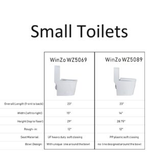 WinZo WZ5069 Small Modern One Piece Toilet Dual Flush 12" Rough in 23-in Depth Short for Compact Tiny Bathroom Powder Room White