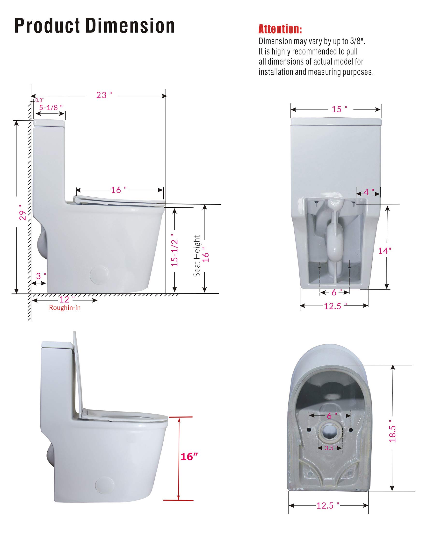 WinZo WZ5069 Small Modern One Piece Toilet Dual Flush 12" Rough in 23-in Depth Short for Compact Tiny Bathroom Powder Room White