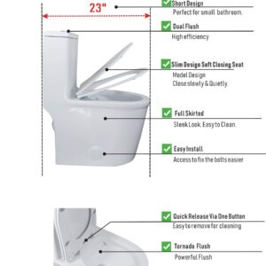 WinZo WZ5069 Small Modern One Piece Toilet Dual Flush 12" Rough in 23-in Depth Short for Compact Tiny Bathroom Powder Room White