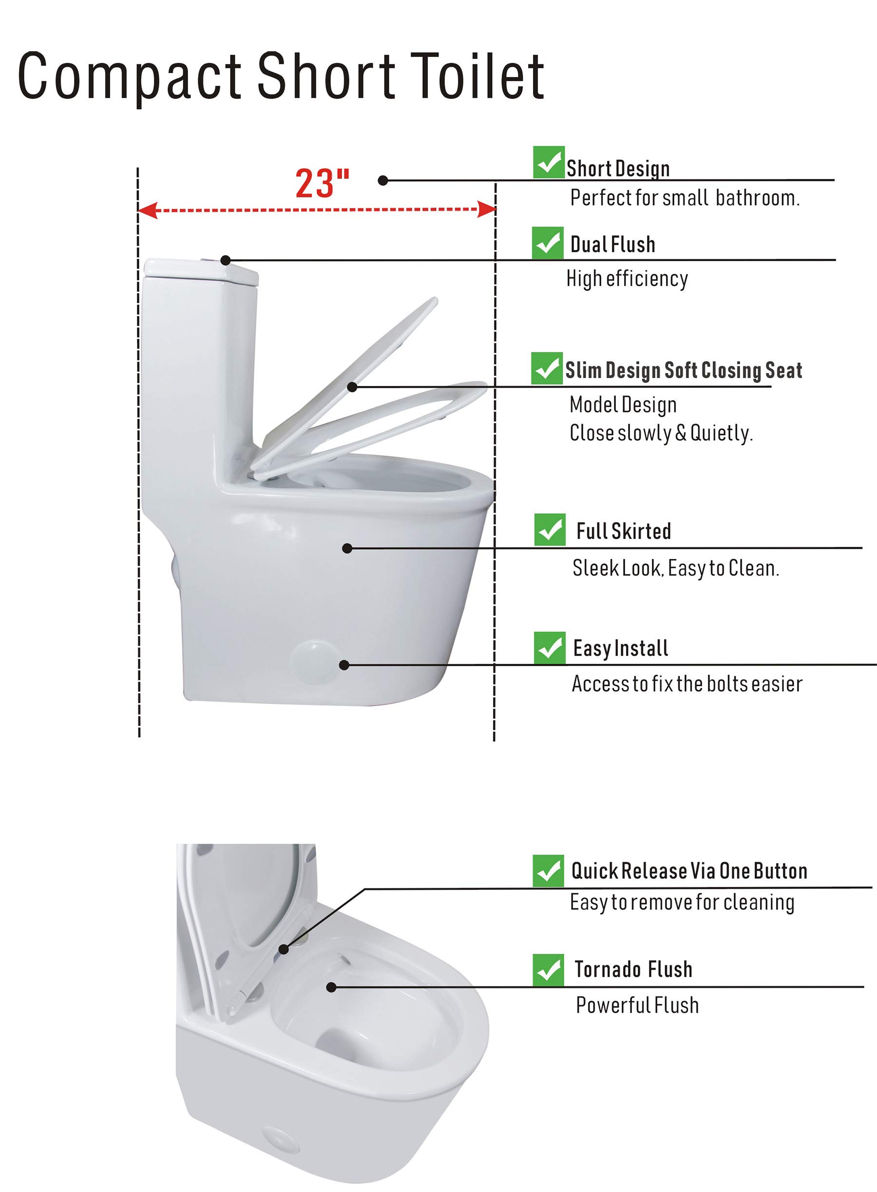 WinZo WZ5069 Small Modern One Piece Toilet Dual Flush 12" Rough in 23-in Depth Short for Compact Tiny Bathroom Powder Room White