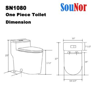 SouNor Matte Black One Piece Toilet Dual Flush 1/1.5 GPF Elongated U Shaped 17.3" Tall Bowl Comfortable For Seniors Elderly Modern 12" rough-in (SN1080B)