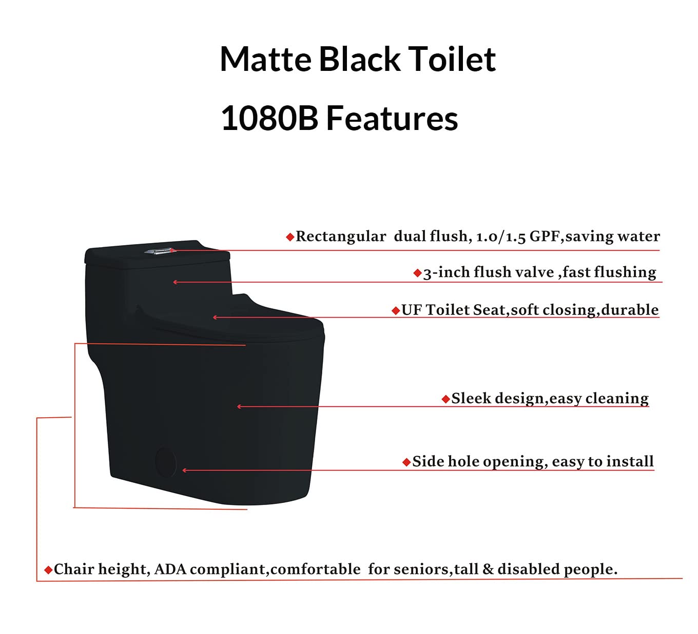 SouNor Matte Black One Piece Toilet Dual Flush 1/1.5 GPF Elongated U Shaped 17.3" Tall Bowl Comfortable For Seniors Elderly Modern 12" rough-in (SN1080B)