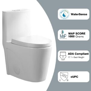 EZONTEQ One Piece Toilet, 1.1/1.6 GPF and MAP 1000g Dual Flush Compact Toilet for Bathroom, 17" Comfortable Seat Height Soft Closing Seat Modern Toilet, 12'' Rough-In (Seat Included) (Gloss White)