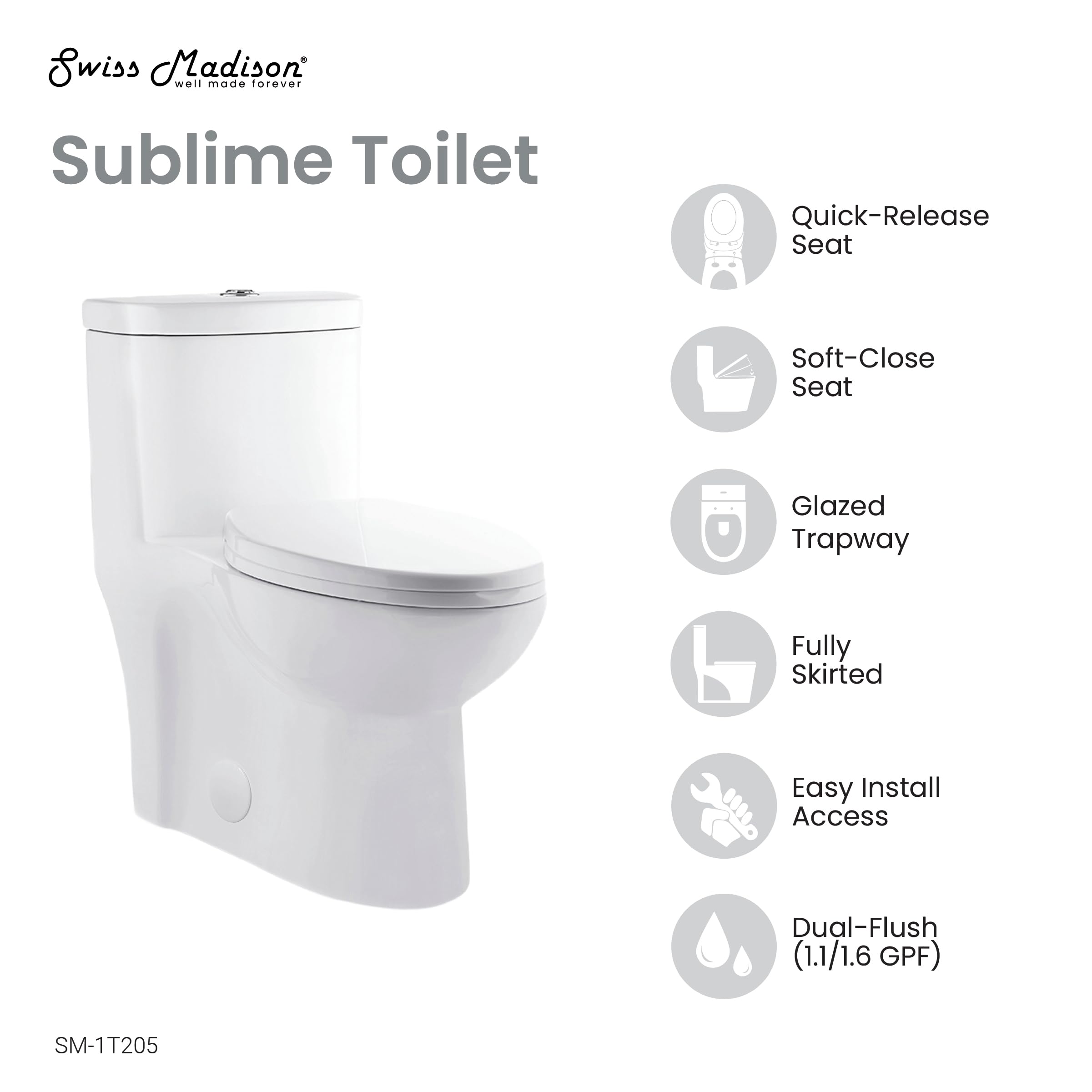 Swiss Madison Well Made Forever SM-1T205 Sublime One Piece Elongated Toilet Dual Flush 0.8/1.28 gpf, Glossy White