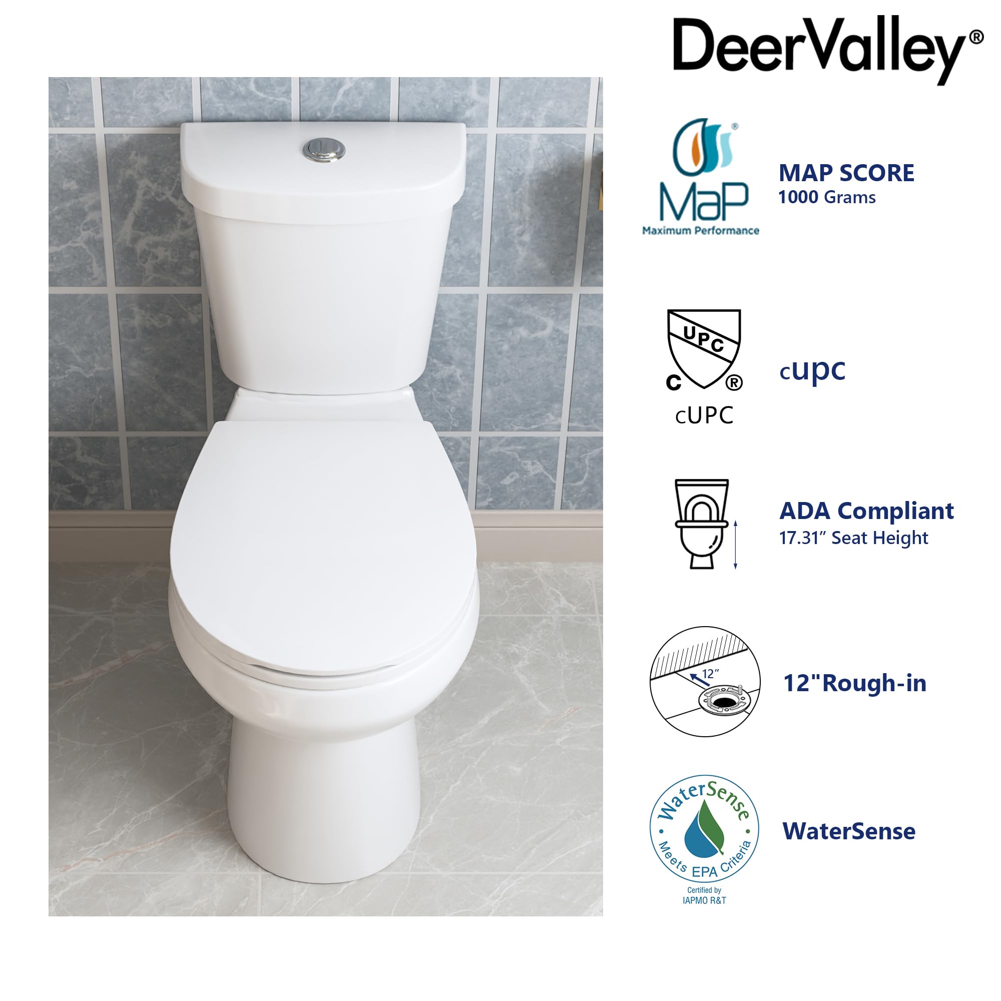 Two-Piece Toilet, DeerValley 17.72" High 12” Rough in Dual Flush 1.1/1.6 GPF and Map 1000g, ADA Chair Height Toilets Bowl With Soft Close Seat for elderly, White DV-2F0079