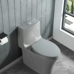 One Piece Toilet Dual Flush Elongated Standard Modern Toilet 1.1/1.6 GPF Soft Close Seat Save Water Powerful & Quiet - Gray, 27.5"D x 14"W x 28.6"H