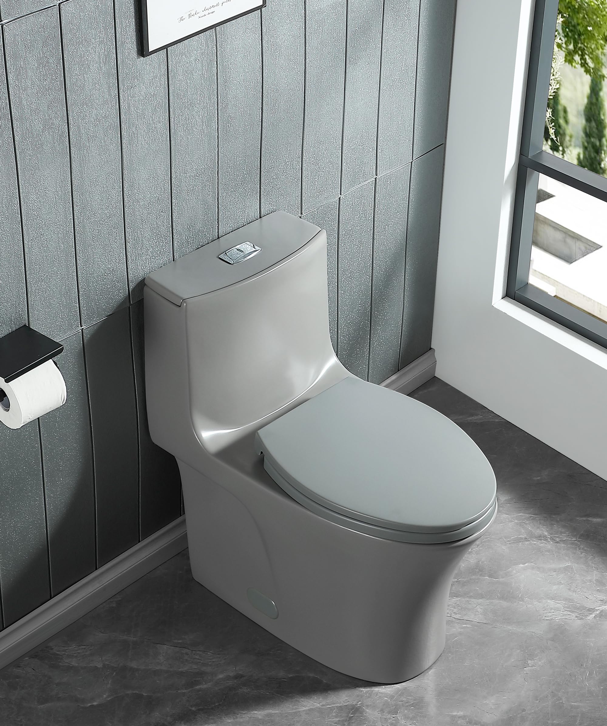 One Piece Toilet Dual Flush Elongated Standard Modern Toilet 1.1/1.6 GPF Soft Close Seat Save Water Powerful & Quiet - Gray, 27.5"D x 14"W x 28.6"H