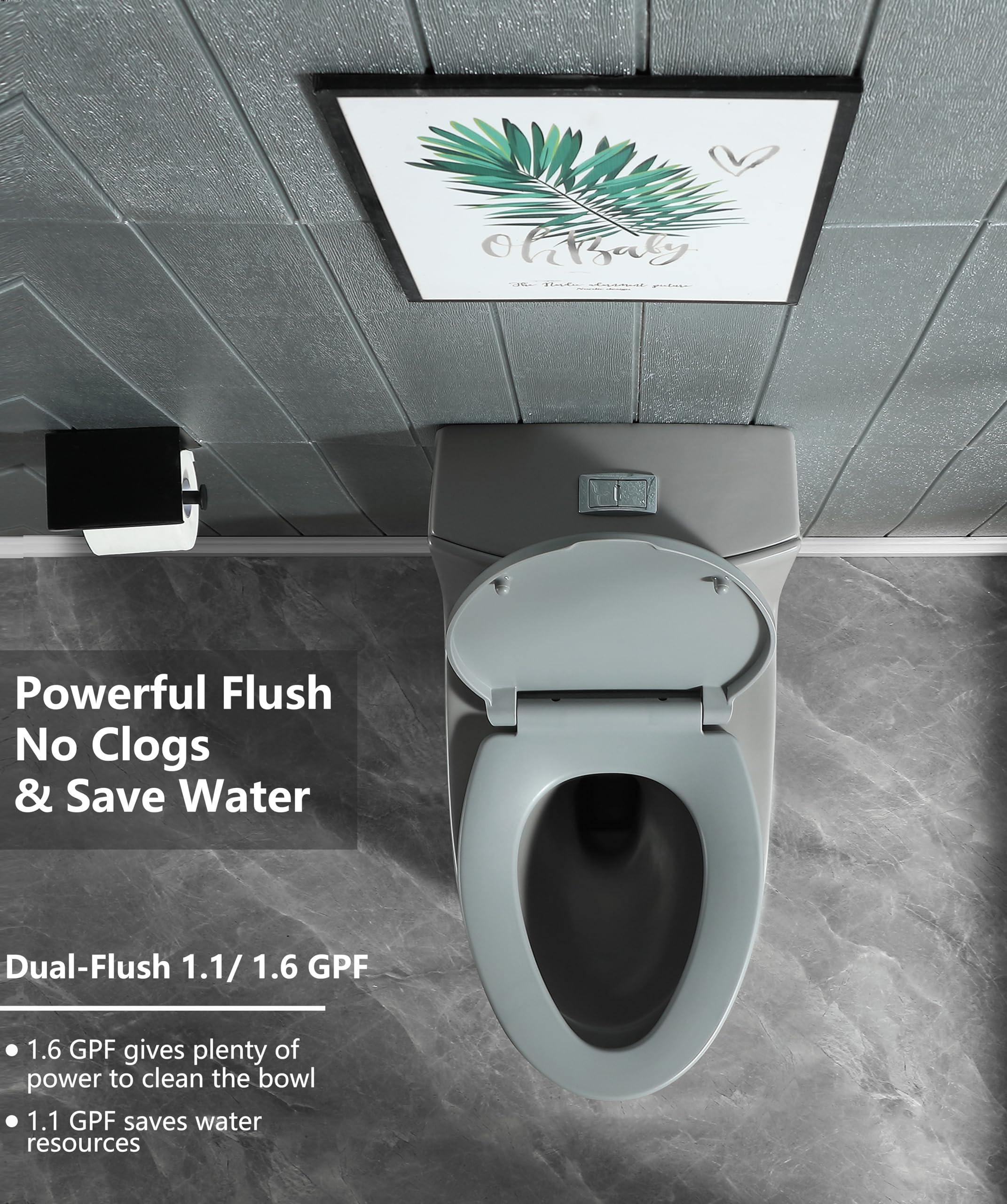 One Piece Toilet Dual Flush Elongated Standard Modern Toilet 1.1/1.6 GPF Soft Close Seat Save Water Powerful & Quiet - Gray, 27.5"D x 14"W x 28.6"H