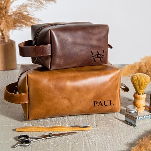 Personalized Leather Toiletry Bag for Men - Genuine Leather Dopp Kit, Perfect Gift for Groomsmen, Fathers Day, Wedding, Anniversary - Handcrafted Toiletry Bag