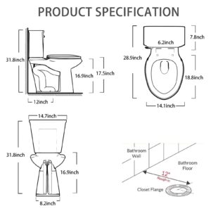 17.1” High Toilets Elongated Tall Toilet with S-trap, 12” Rough in Bathroom Toilet & 1.28 GPF Single Flush Water Tank Perfect For Seniors, Disabled & Tall Person