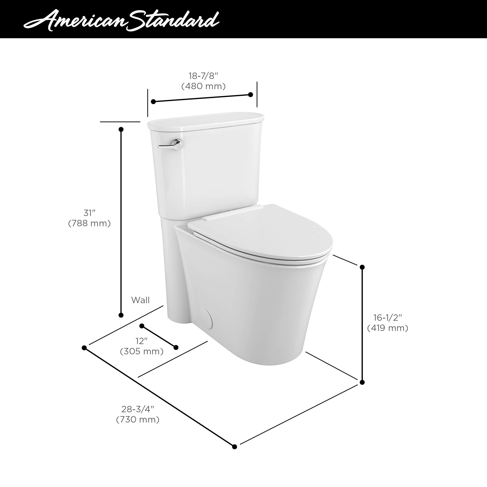 American Standard 226AA104.020 Studio S Right Height Elongated Toilet with Seat-Left Hand Trip Lever, White