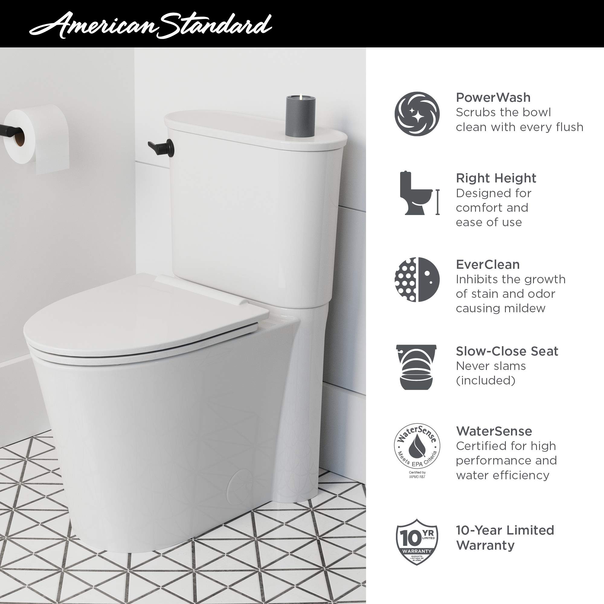 American Standard 226AA104.020 Studio S Right Height Elongated Toilet with Seat-Left Hand Trip Lever, White