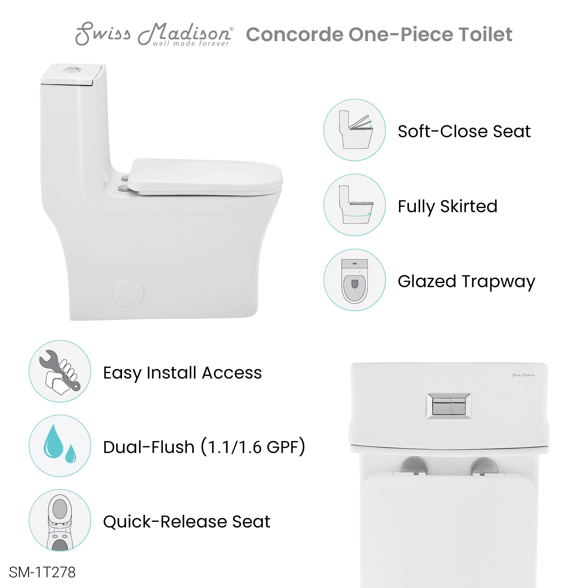 Swiss Madison Well Made Forever SM-1T278, Concorde One Piece Square Toilet Dual Flush 1.1/1.6 gpf with 10" Rough In