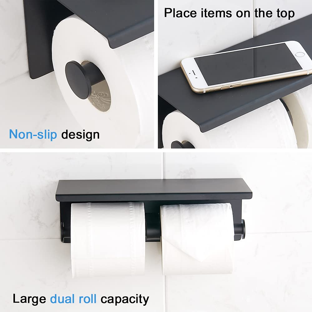 SUNTAI Double Toilet Paper Holder with Phone Shelf, 304 Stainless Steel Modern Bathroom Roll Tissue Holder Wall Mounted, Mattle Black