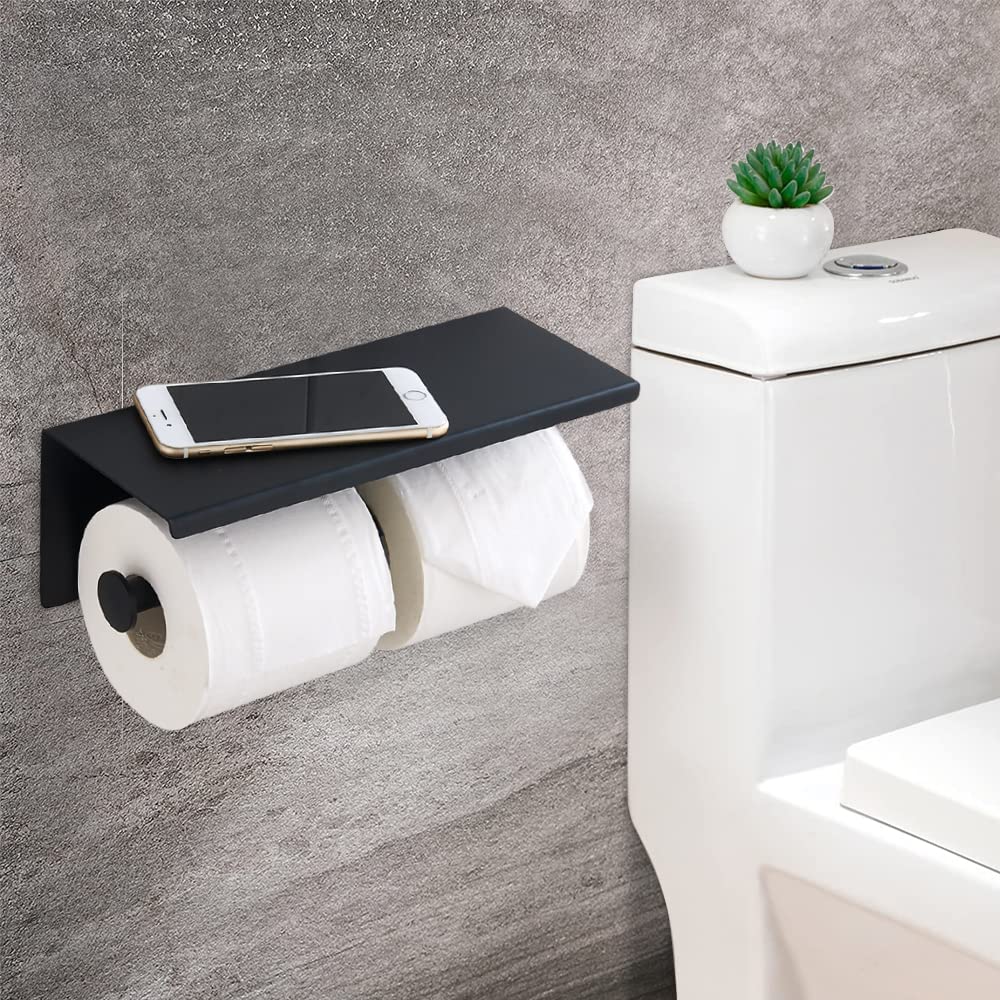 SUNTAI Double Toilet Paper Holder with Phone Shelf, 304 Stainless Steel Modern Bathroom Roll Tissue Holder Wall Mounted, Mattle Black