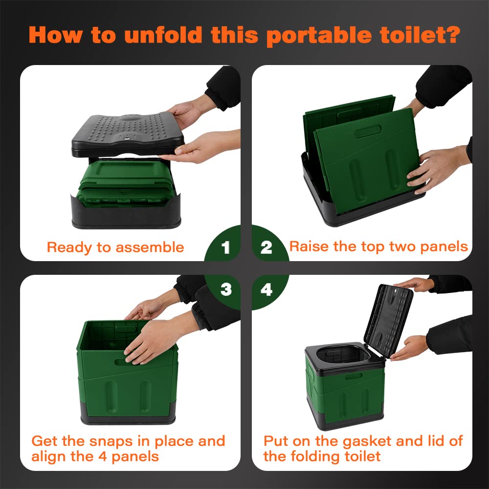 Portable toilet, portable folding toilet, folding toilet with cover, outdoor travel toilet, camping travel toilet (Green)