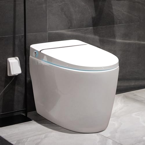 EUROTO Luxury Smart Toilet – Sleek Tankless Design with Foot-Kick Sensor, Heated Seat, Warm Dryer, Adjustable Water Pressure, Auto Open/Close Lid, Dual Flush, Night Light & Remote Control