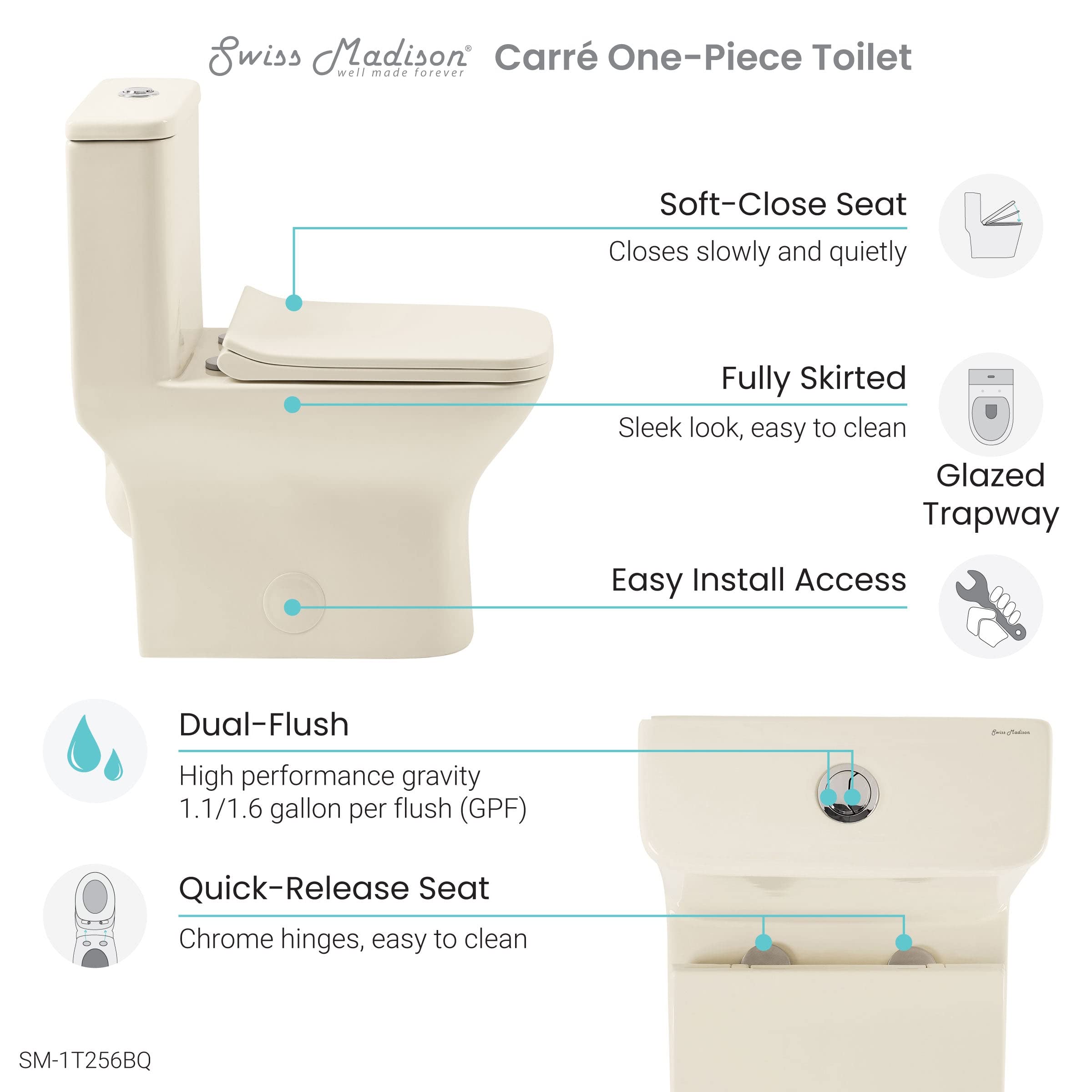 Swiss Madison SM-1T256 Carre One-Piece Toilet, Square Toilet, Dual-Flush Toilet 1.1/1.6 gpf, Modern Toilet, Toilets for Bathrooms on Bisque