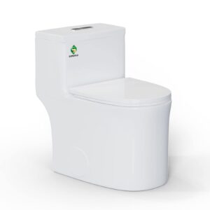 superflo one piece toilet elongated comfort height toilets, standard 12" rough-in & 0.8/1.28 gpf dual flush, siphonic flush small toilets for small bathroom with side holes