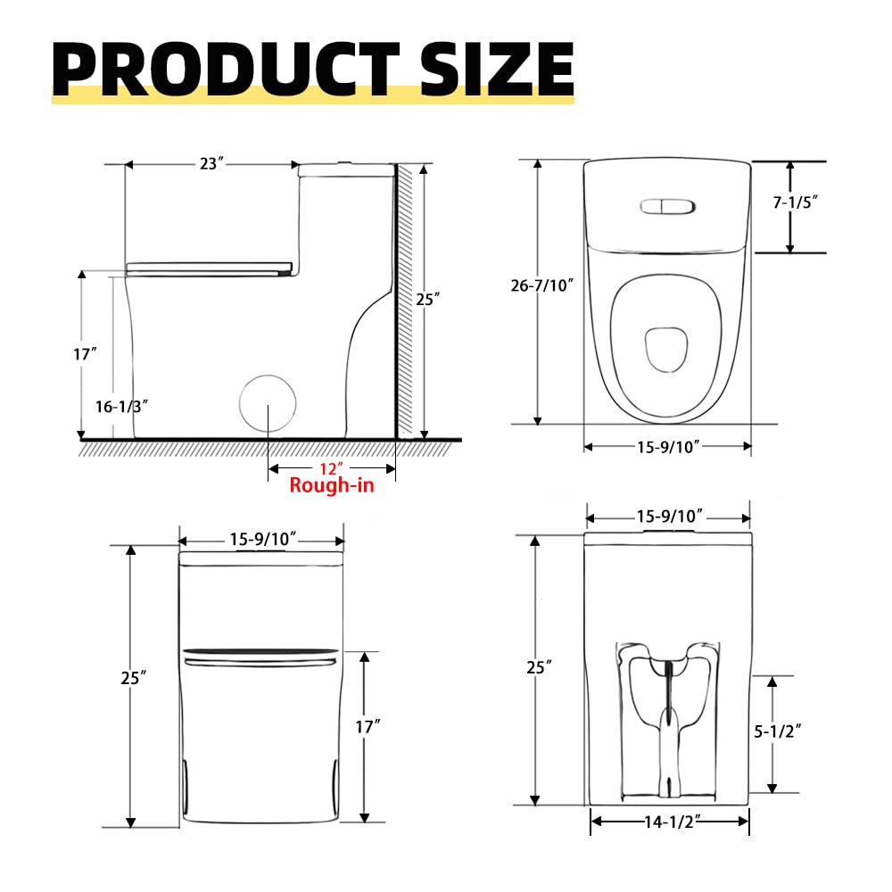 SUPERFLO One Piece Toilet Elongated Comfort Height Toilets, Standard 12" Rough-in & 0.8/1.28 GPF Dual Flush, Siphonic Flush Small Toilets for Small Bathroom with Side Holes