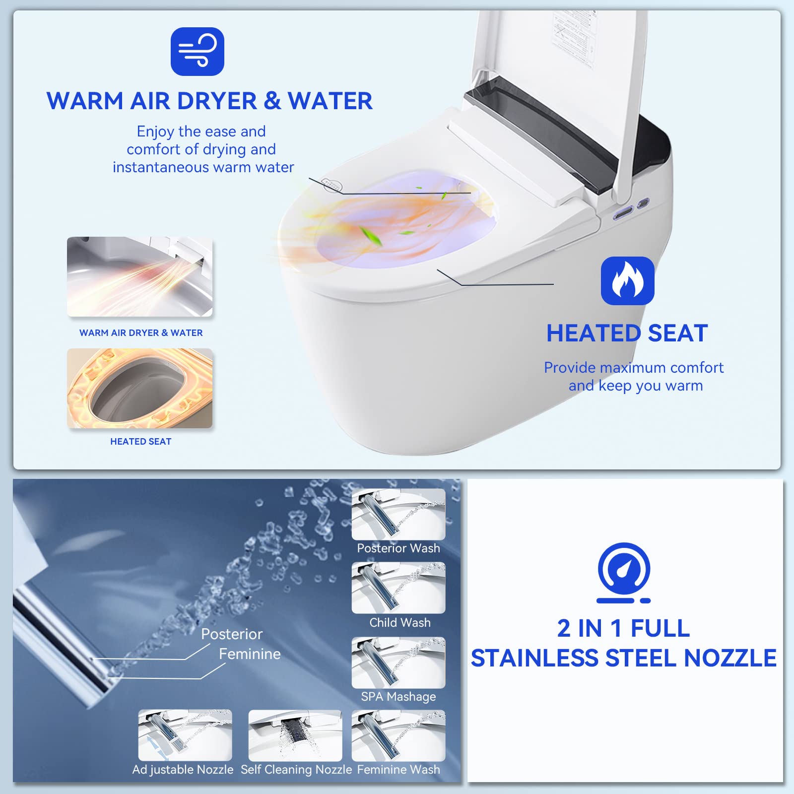 Smart Toilet with Bidet Built in, Bidet Toilet with Heated Seat, Automatic Flush, Dryer, Night Light, Digital Display