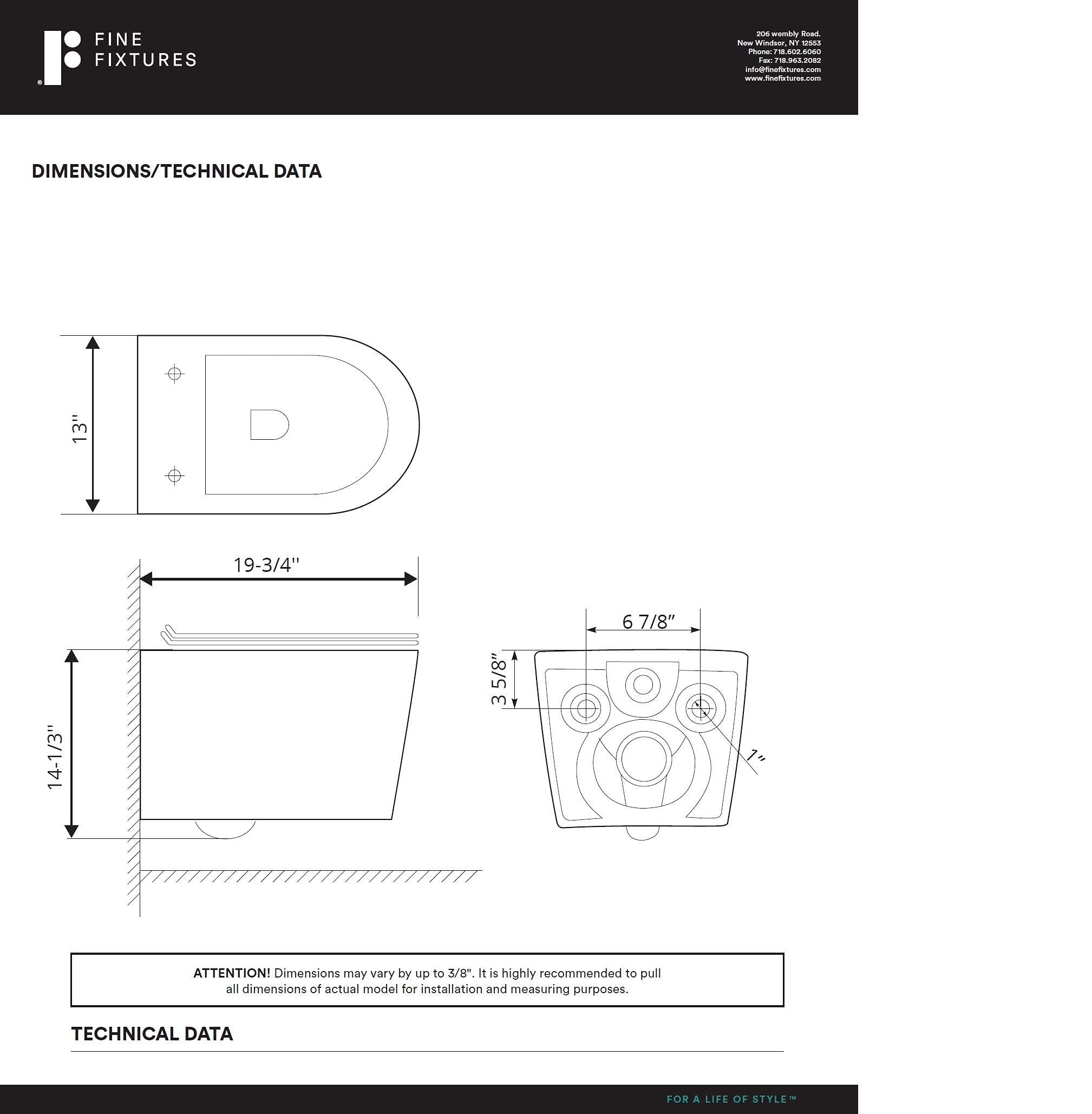 Fine Fixtures Dakota Wall Hung Toilet With Rimless Flush - Black