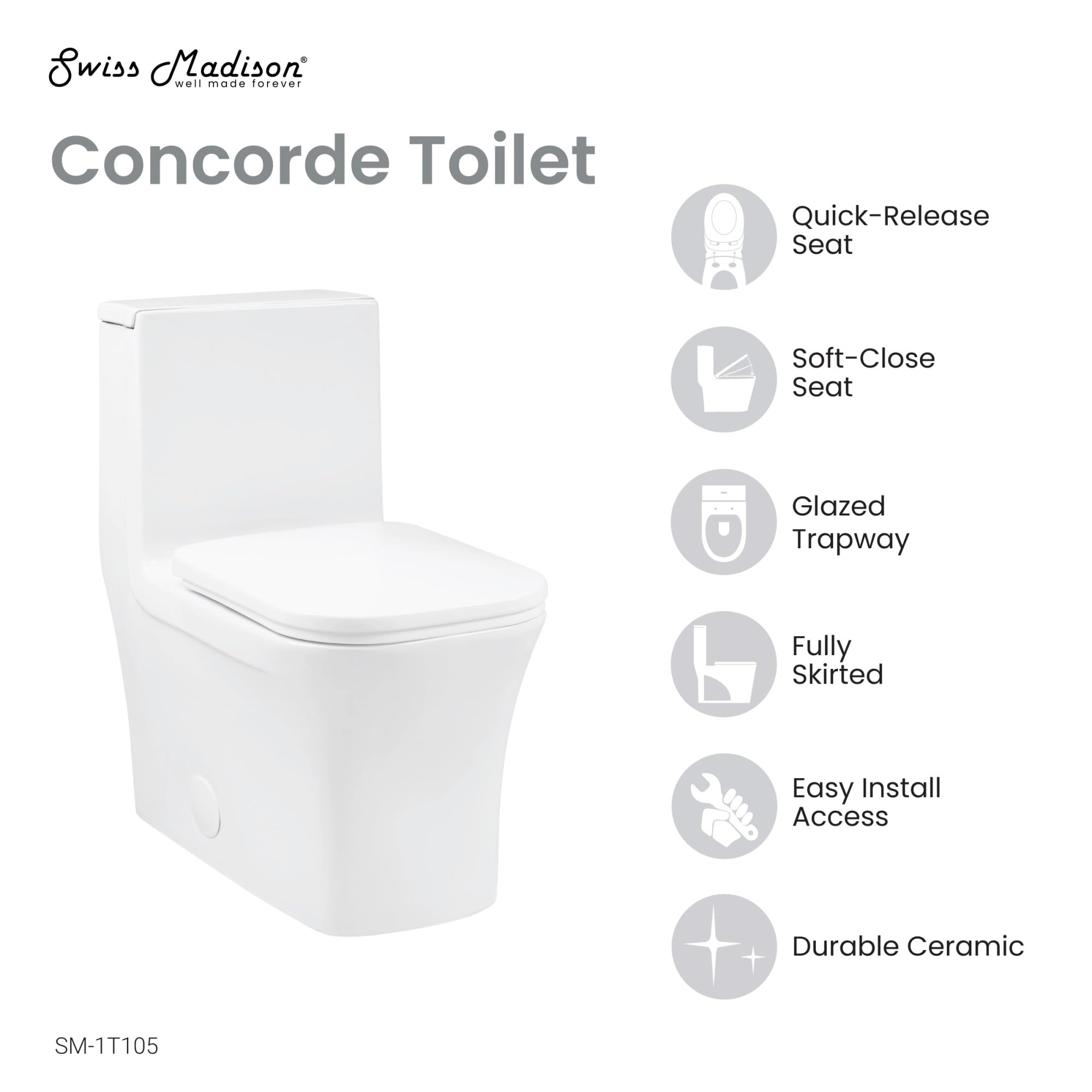 Concorde One Piece Square Right Side Flush Handle Toilet 1.28 gpf