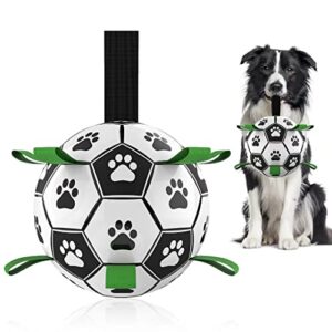 qdan dog toys soccer ball with straps, interactive dog toys for tug of war, puppy birthday gifts, dog tug toy, dog water toy, durable dog balls world cup for small & medium dogs（6 inch）