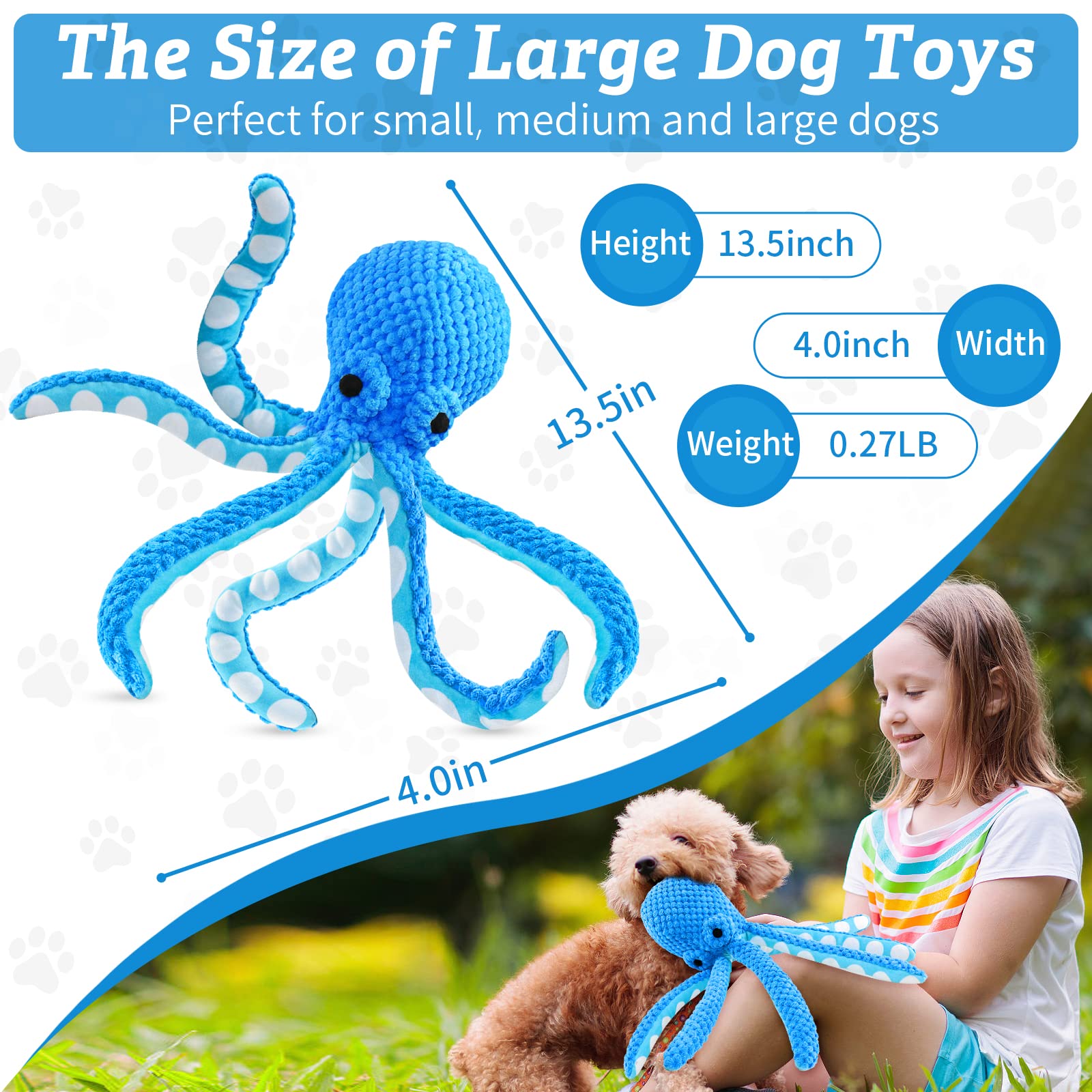 Jeefome Large Squeaky Dog Toys：Plush Dog Toys with Soft Fabric for Small, Medium and large dogs-Octopus Stuffed Dog Toys to Keep Them Busy