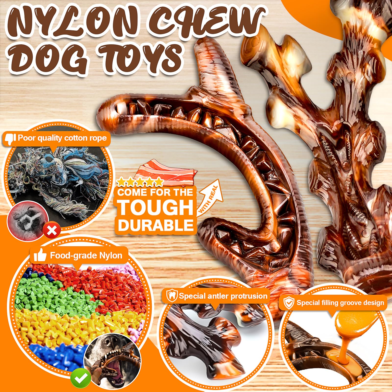 OSORD 4 Pack Dog Chew Toys for Aggressive Chewers - Tough Indestructible Dog Toys with Bacon Flavor- Durable Nylon Dog Bones Toy for Large Medium Breed - Dog Gifts