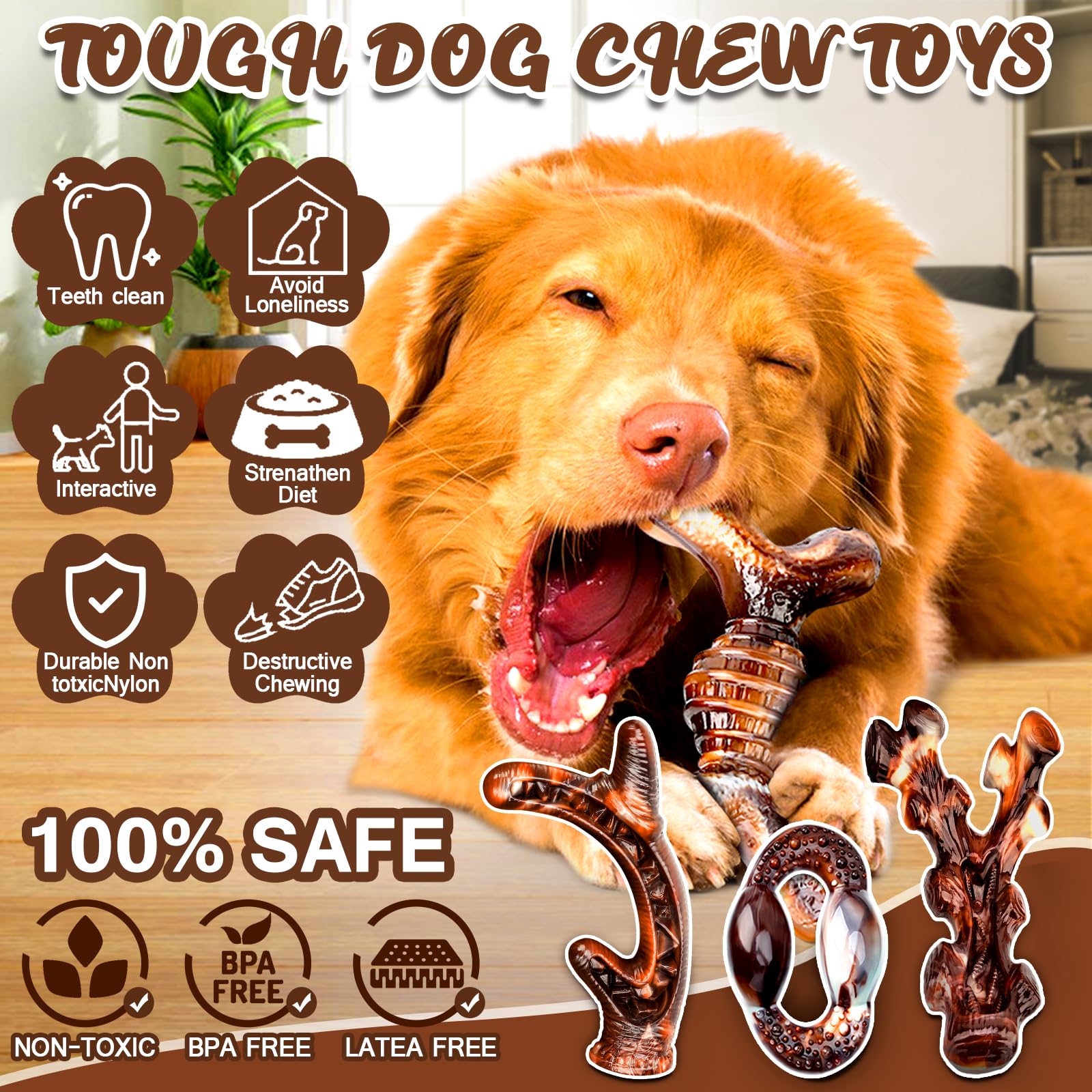 OSORD 4 Pack Dog Chew Toys for Aggressive Chewers - Tough Indestructible Dog Toys with Bacon Flavor- Durable Nylon Dog Bones Toy for Large Medium Breed - Dog Gifts